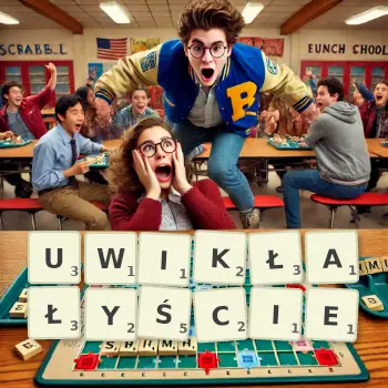 Kreatywna ilustracja do gry w Scrabble ze słowem UWIKŁAŁYŚCIE ułożonym z płytek na planszy.