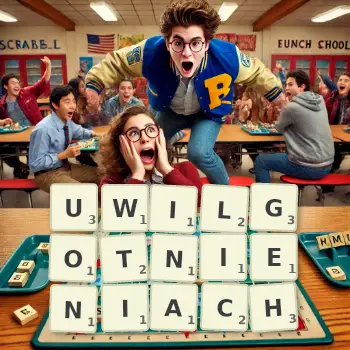 Kreatywna ilustracja do gry w Scrabble ze słowem UWILGOTNIENIACH ułożonym z płytek na planszy.