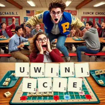 Kreatywna ilustracja do gry w Scrabble ze słowem UWINIECIE ułożonym z płytek na planszy.