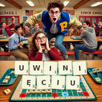 Kreatywna ilustracja do gry w Scrabble ze słowem UWINIĘCIU ułożonym z płytek na planszy.