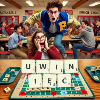 Kreatywna ilustracja do gry w Scrabble ze słowem UWINIĘĆ ułożonym z płytek na planszy.