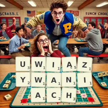 Kreatywna ilustracja do gry w Scrabble ze słowem UWIĄZYWANIACH ułożonym z płytek na planszy.