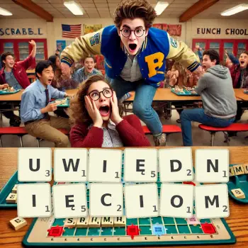 Kreatywna ilustracja do gry w Scrabble ze słowem UWIĘDNIĘCIOM ułożonym z płytek na planszy.