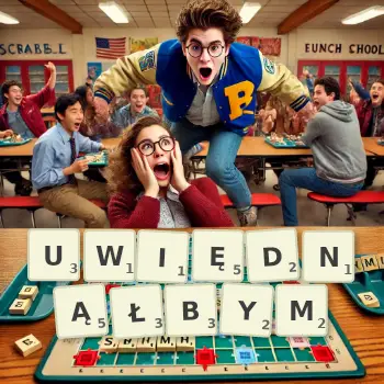 Kreatywna ilustracja do gry w Scrabble ze słowem UWIĘDNĄŁBYM ułożonym z płytek na planszy.