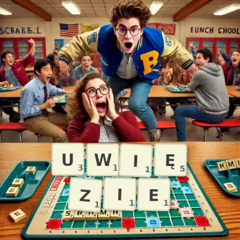 Kreatywna ilustracja do gry w Scrabble ze słowem UWIĘZIE ułożonym z płytek na planszy.