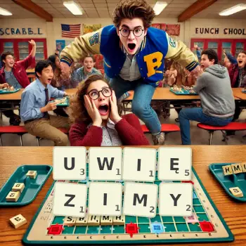 Kreatywna ilustracja do gry w Scrabble ze słowem UWIĘZIMY ułożonym z płytek na planszy.