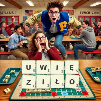 Kreatywna ilustracja do gry w Scrabble ze słowem UWIĘZIŁO ułożonym z płytek na planszy.