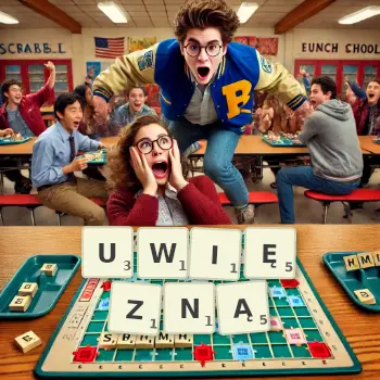 Kreatywna ilustracja do gry w Scrabble ze słowem UWIĘZNĄ ułożonym z płytek na planszy.