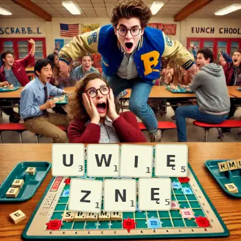 Kreatywna ilustracja do gry w Scrabble ze słowem UWIĘZNĘ ułożonym z płytek na planszy.