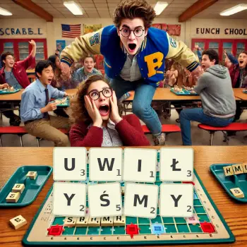 Kreatywna ilustracja do gry w Scrabble ze słowem UWIŁYŚMY ułożonym z płytek na planszy.