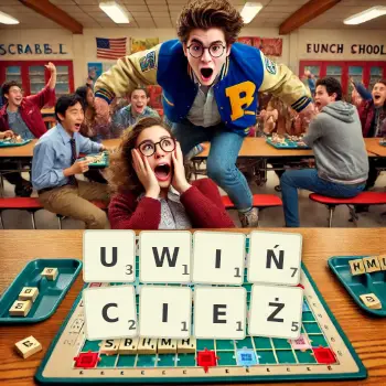 Kreatywna ilustracja do gry w Scrabble ze słowem UWIŃCIEŻ ułożonym z płytek na planszy.