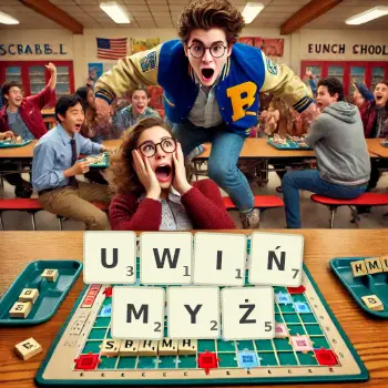 Kreatywna ilustracja do gry w Scrabble ze słowem UWIŃMYŻ ułożonym z płytek na planszy.