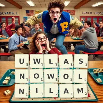 Kreatywna ilustracja do gry w Scrabble ze słowem UWLASNOWOLNILAM ułożonym z płytek na planszy.