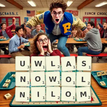 Kreatywna ilustracja do gry w Scrabble ze słowem UWLASNOWOLNILOM ułożonym z płytek na planszy.