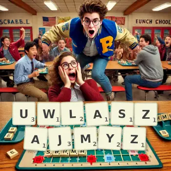 Kreatywna ilustracja do gry w Scrabble ze słowem UWLASZAJMYZ ułożonym z płytek na planszy.