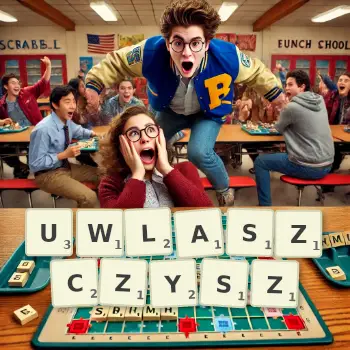 Kreatywna ilustracja do gry w Scrabble ze słowem UWLASZCZYSZ ułożonym z płytek na planszy.