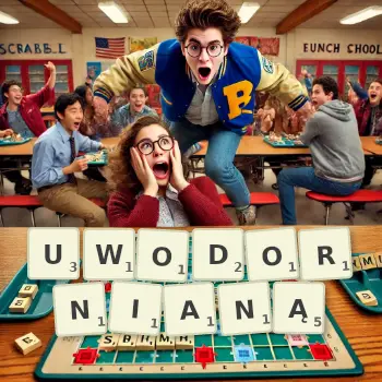 Kreatywna ilustracja do gry w Scrabble ze słowem UWODORNIANĄ ułożonym z płytek na planszy.