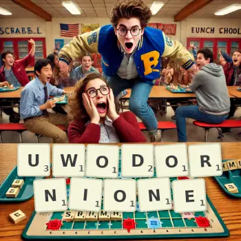 Kreatywna ilustracja do gry w Scrabble ze słowem UWODORNIONE ułożonym z płytek na planszy.