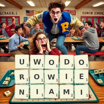 Kreatywna ilustracja do gry w Scrabble ze słowem UWODOROWIENIAMI ułożonym z płytek na planszy.