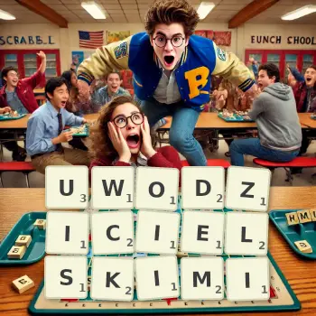 Kreatywna ilustracja do gry w Scrabble ze słowem UWODZICIELSKIMI ułożonym z płytek na planszy.