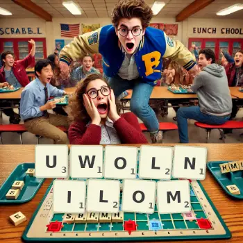 Kreatywna ilustracja do gry w Scrabble ze słowem UWOLNILOM ułożonym z płytek na planszy.