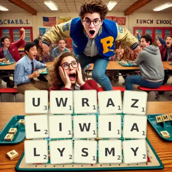 Kreatywna ilustracja do gry w Scrabble ze słowem UWRAZLIWIALYSMY ułożonym z płytek na planszy.