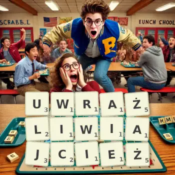 Kreatywna ilustracja do gry w Scrabble ze słowem UWRAŻLIWIAJCIEŻ ułożonym z płytek na planszy.