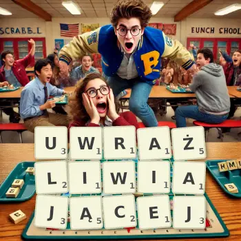 Kreatywna ilustracja do gry w Scrabble ze słowem UWRAŻLIWIAJĄCEJ ułożonym z płytek na planszy.