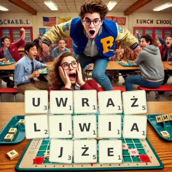 Kreatywna ilustracja do gry w Scrabble ze słowem UWRAŻLIWIAJŻE ułożonym z płytek na planszy.