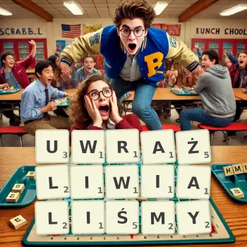 Kreatywna ilustracja do gry w Scrabble ze słowem UWRAŻLIWIALIŚMY ułożonym z płytek na planszy.