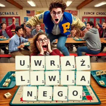 Kreatywna ilustracja do gry w Scrabble ze słowem UWRAŻLIWIANEGO ułożonym z płytek na planszy.