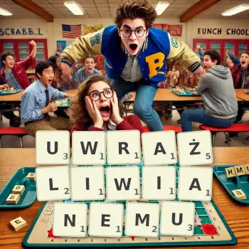 Kreatywna ilustracja do gry w Scrabble ze słowem UWRAŻLIWIANEMU ułożonym z płytek na planszy.