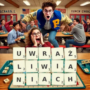 Kreatywna ilustracja do gry w Scrabble ze słowem UWRAŻLIWIANIACH ułożonym z płytek na planszy.