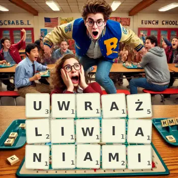 Kreatywna ilustracja do gry w Scrabble ze słowem UWRAŻLIWIANIAMI ułożonym z płytek na planszy.