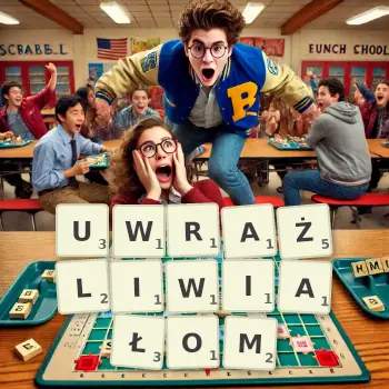 Kreatywna ilustracja do gry w Scrabble ze słowem UWRAŻLIWIAŁOM ułożonym z płytek na planszy.