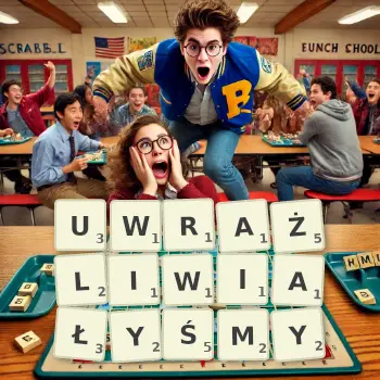 Kreatywna ilustracja do gry w Scrabble ze słowem UWRAŻLIWIAŁYŚMY ułożonym z płytek na planszy.