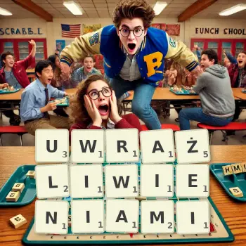 Kreatywna ilustracja do gry w Scrabble ze słowem UWRAŻLIWIENIAMI ułożonym z płytek na planszy.