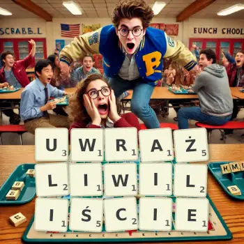 Kreatywna ilustracja do gry w Scrabble ze słowem UWRAŻLIWILIŚCIE ułożonym z płytek na planszy.