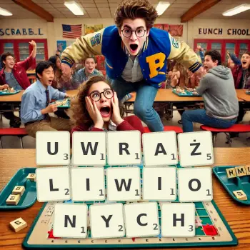 Kreatywna ilustracja do gry w Scrabble ze słowem UWRAŻLIWIONYCH ułożonym z płytek na planszy.