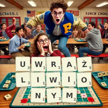 Kreatywna ilustracja do gry w Scrabble ze słowem UWRAŻLIWIONYM ułożonym z płytek na planszy.