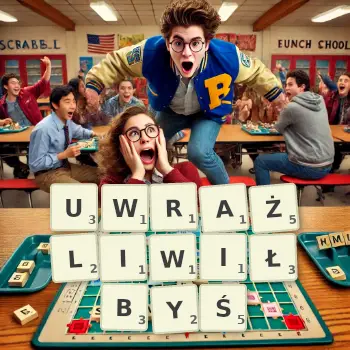 Kreatywna ilustracja do gry w Scrabble ze słowem UWRAŻLIWIŁBYŚ ułożonym z płytek na planszy.