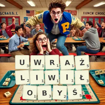 Kreatywna ilustracja do gry w Scrabble ze słowem UWRAŻLIWIŁOBYŚ ułożonym z płytek na planszy.