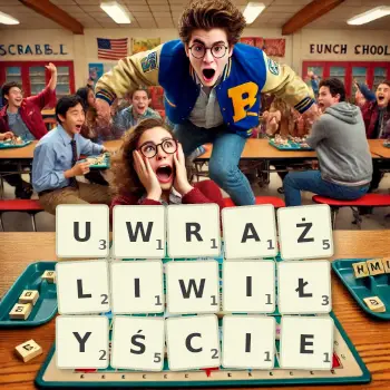 Kreatywna ilustracja do gry w Scrabble ze słowem UWRAŻLIWIŁYŚCIE ułożonym z płytek na planszy.