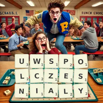 Kreatywna ilustracja do gry w Scrabble ze słowem UWSPOLCZESNIALY ułożonym z płytek na planszy.