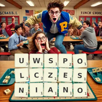 Kreatywna ilustracja do gry w Scrabble ze słowem UWSPOLCZESNIANO ułożonym z płytek na planszy.