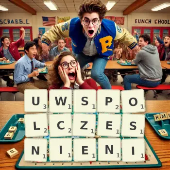 Kreatywna ilustracja do gry w Scrabble ze słowem UWSPOLCZESNIENI ułożonym z płytek na planszy.