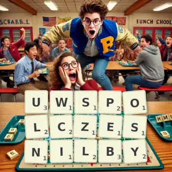 Kreatywna ilustracja do gry w Scrabble ze słowem UWSPOLCZESNILBY ułożonym z płytek na planszy.