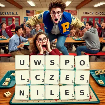 Kreatywna ilustracja do gry w Scrabble ze słowem UWSPOLCZESNILES ułożonym z płytek na planszy.