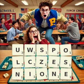 Kreatywna ilustracja do gry w Scrabble ze słowem UWSPOLCZESNIONE ułożonym z płytek na planszy.