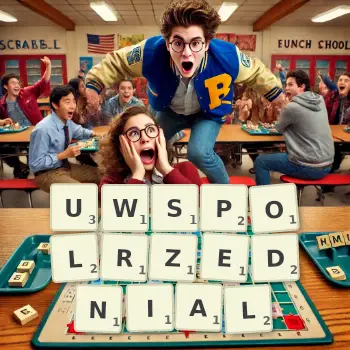 Kreatywna ilustracja do gry w Scrabble ze słowem UWSPOLRZEDNIAL ułożonym z płytek na planszy.